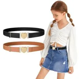 Produktbild: SUOSDEY 2 Pack Kindergürtel, Mädchen Jungen elastischer Gürtel für Anzughosen, Schuluniformen, Stretchgürtel mit herzförmiger Schnalle schwarz braun