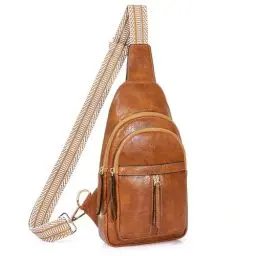 Produktbild: SUOSDEY Crossbody Tasche für Damen, Mode Sling bag, Leder Brusttasche Backpack Schultertaschen mit verstellbaren Riemen braun
