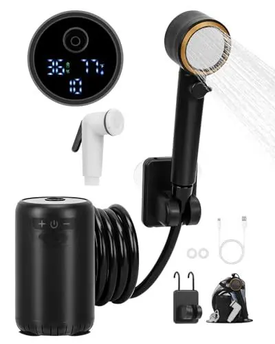Produktbild: SUPAREE Camping Dusche Outdoor mit Pumpe Campingdusche USB Mobile Dusche AKKU mit Wiederaufladbarem 8000mAh Akku Intelligente Temperatur und Leistungsanzeige für Reisen Garten Autowaschen