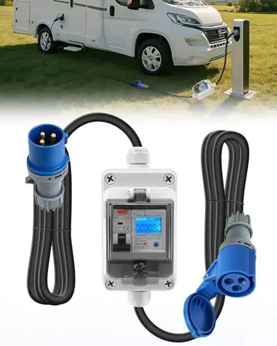 Produktbild: SUPAREE Mobiler Digitaler Stromzähler 230V 16A Stromzähler für Steckdose CEE Digitaler Stromzähler Wohnwagen mit FI-Schutzschalter Typ A Und Reset IP67 für Wohnmobile Outdoor Haushalte