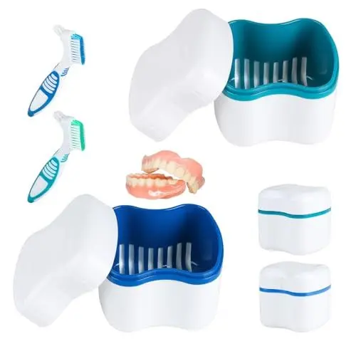 Produktbild: SUPAWAY 2 Stück Protesenbehälter Dental Retainer Box Dentures Case Zahnspangendose mit Sieb Zahnprothese Etui mit 2 Stück Prothesenreinigungsbürste für Falsche Zähne Lagerung Reinigung Grün + Blau