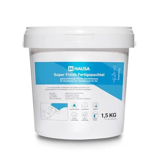 Produktbild: Super Finish Spachtelmasse Fertigspachtel für Innen Feinspachtel Trockenbau Spachtel Gipsspachtel Feinputz Fertigspachtelmasse Spachtelgips Flächenspachtel Q1-Q4 Masse Gips Füll weiß 1,5kg HAUSA