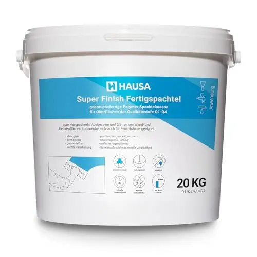 Produktbild: Super Finish Spachtelmasse Fertigspachtel für Innen Feinspachtel Trockenbau Spachtel Gipsspachtel Feinputz Fertigspachtelmasse Spachtelgips Flächenspachtel Q1-Q4 Masse Gips Füll weiß 20kg HAUSA