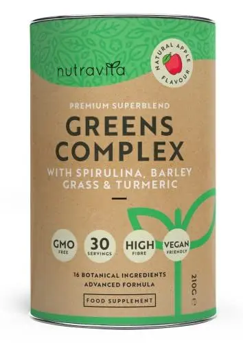 Produktbild: Super Greens Pulver-Komplex - Natürlicher Apfelgeschmack - Premium-Superfood-Pulvermischung mit Spirulina, Gerstengras und Kurkuma - Ballaststoffreich, Vegan und GMO-frei - Hergestellt von Nutravita