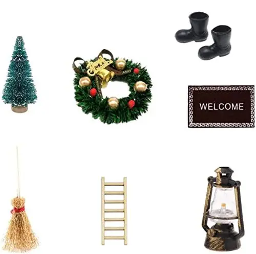 Produktbild: Super Idee Wichteltür Zubehör Set mini Stiefel Laterne Weihnachtsbaum Dekokranz Holzleiter Besen Zuckerstange Teppichdecke Verzierungen für Miniatur Wichtel Tür Wichteltüren Nissedor Kinderzimmer