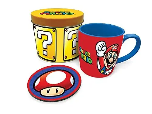 Produktbild: Super Mario Geschenk-Set mit Tasse und Untersetzer Set in Fragezeichenblock Blechdose (Nintendo) 325ml Keramik Tasse - Offizielles Lizenzprodukt