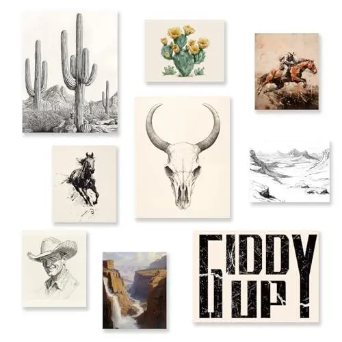 Produktbild: SUPERDANT Retro Western Wandkunstdrucke Cowboy Wandgemälde Ungerahmt Boho Ranch Leinwand Wandposter Für Bar Cafeteria Schlafsaal Schlafzimmer Wanddekoration 9er Set Rahmenlos