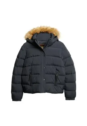 Produktbild: Superdry Damen Kurze Pufferjacke mit Kapuze und Kunstfellbesatz Finster Marineblau 34