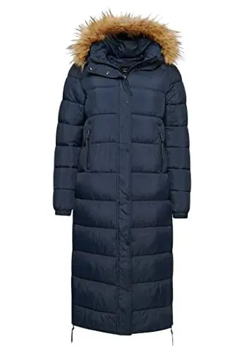 Produktbild: Superdry Damen Lange Steppjacke mit Kapuze mit Kunstfellbesatz Finster Marineblau 38