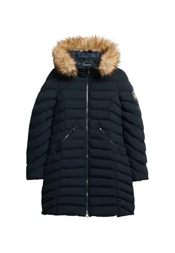 Produktbild: Superdry Damen Mittellange Fuji Steppjacke mit Kapuze aus Kunstfell Finster Marineblau 38