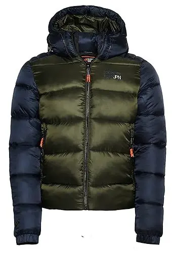 Produktbild: Superdry Herren Hood Colour Block Sport Puffer Jacke, Marineblau (Eclipse Navy/Dark Moss), Small