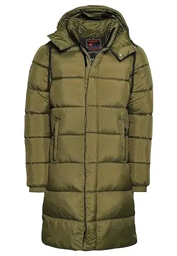 Produktbild: Superdry Herren RIPSTOP LONGLINE PUFFER JACKET A4 – gepolstert, Dark Moss Green Grid,