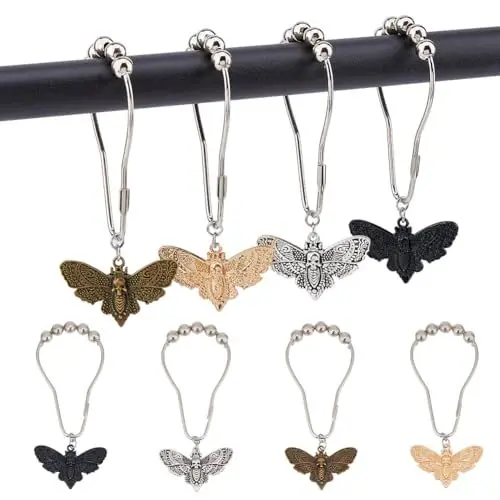 Produktbild: SUPERFINDINGS 12 Stück 4 Farben Motten Duschvorhang Haken 4.01 Zoll Gothic Duschvorhang Ringe Tote Motte Mit Schädelface Halloween Eisen Duschringe Für Zuhause Badezimmer Balkon
