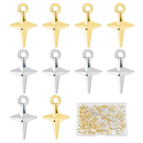 Produktbild: SUPERFINDINGS 240 Stück 2 Farben Tibetan Star Charms Nordstern Charme Legierung Ohrringe Anhänger Großhandel 3D Vierpunkt Stern Anhänger Für DIY Handwerkskette Armband Anhänger Schlüsselanhänger