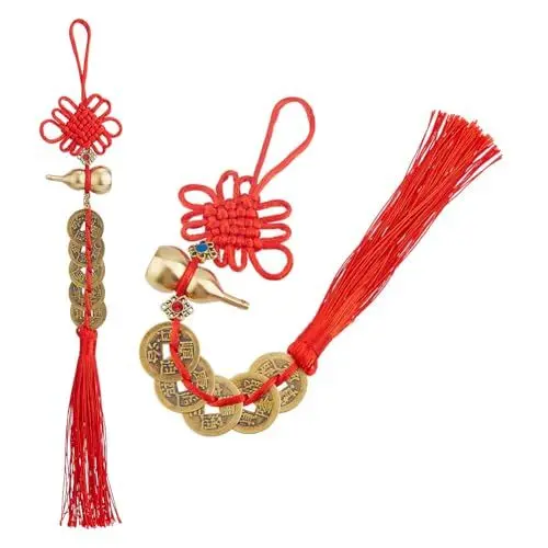 Produktbild: SUPERFINDINGS 2 Stück Feng Shui Glücksbringer Polyesterquaste Und Chinesischer Knotenanhänger Mit Messingfundstück „Zehn Kaisergeld“ 30.4cm Chinesischer Knotenanhänger