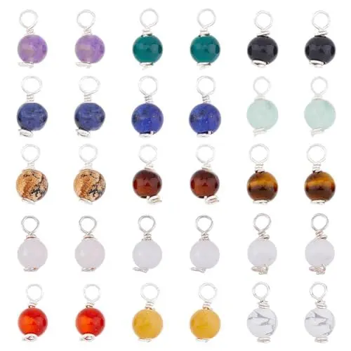 Produktbild: SUPERFINDINGS 30 Stück 15 Farben Gemischte Edelsteine Runde Anhänger Versilberter Kupferdraht Umwickelt Anhänger Quarzkristall Stein Charms Für Die DIY Schmuckherstellung Bohrung:3mm