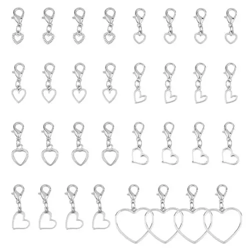 Produktbild: SUPERFINDINGS 32 Stück 8 Stile Herz Clip On Charm Legierungs Liebesanhänger Mit Karabinerverschlüssen Für Die Herstellung von Schmuck Schlüsselanhängern Silberner Reißverschluss Ersatz Für Geldbörse