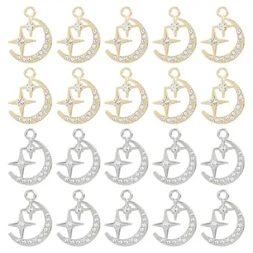 Produktbild: SUPERFINDINGS 60 Stück 2 Farben Mond Stern Charme Himmelsanhänger Aus Legierung Mit Strass Anhängern Aus Zirkonia Monddiamant Anhänger Für Die Herstellung von DIY Schmuck