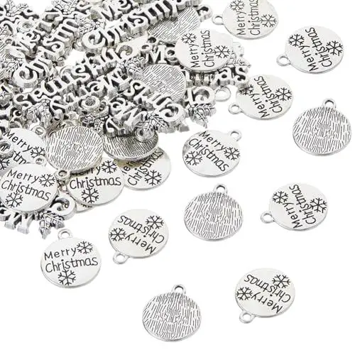 Produktbild: SUPERFINDINGS 60 Stück 2 Stile Silber Frohe Weihnachten Worte Charms Legierung Anhänger Flach Runde Charms mit Schneeflocke Zubehör Weihnachten Thematische Anhänger