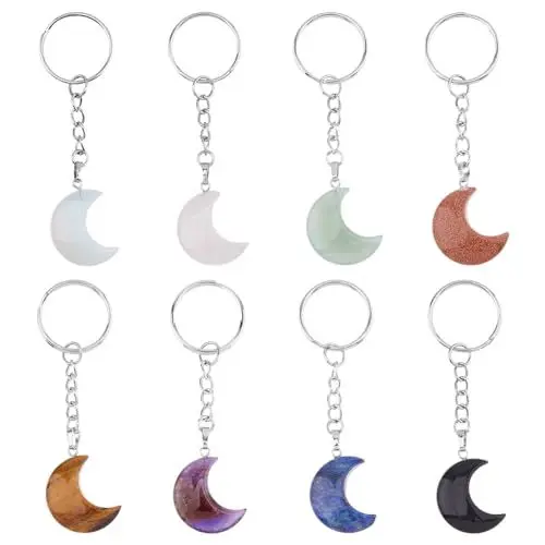 Produktbild: SUPERFINDINGS 8 Stil Edelstein Schlüsselanhänger Mondkristall Schlüsselanhänger Naturstein Schlüsselring Quarzkristall Anhänger Mit Geteilten Schlüsselringen Für Frauen Schlüsseltasche Geldbörse 8.7cm