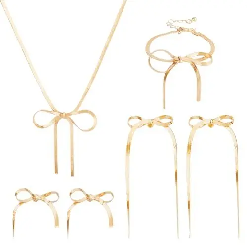 Produktbild: SUPERFINDINGS Goldenes Schleife Schmuckset Inklusive Baumelnder Schleife Ohrringe Schleife Choker Halskette Schleifen Ohrstecker Für Braut Brautjungfer Abschlussball