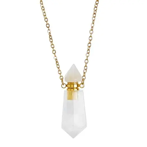 Produktbild: SUPERFINDINGS Natürlicher Weißer Quarzstein Parfümflaschenanhänger Edelstein Kristallparfümflasche Ätherisches Öl Halskette Diffusor Sechseckiger Spitzer Reiki Chakra Anhänger