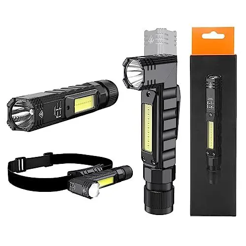 Produktbild: SuperFire LED Taschenlampe Als Arbeitsleuchte Mit Magnetfuß – 90° Schwenkbar, 5 Lichtmodi (Rotlicht), Wiederaufladbar, IP42 Spritzwassergeschützt Für Reparaturen, Camping, Wandern & Notfälle