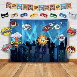 Produktbild: Superhero Fotohintergrund, Fotostudio-Requisiten, Flaggen und Masken, DIY-Kit Superhelden-Stadt-Fotohintergrund - Geburtstagsparty- und Event-Dekoration.