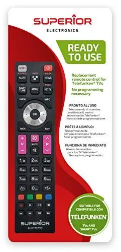 Produktbild: Superior Electronics Ersatzfernbedienung Telefunken - Universalfernbedienung kompatibel mit Telefunken TVs - sofort einsatzbereit ohne Programmierung - perfekt für Smart TVs - Schwarz - SUPTRB016