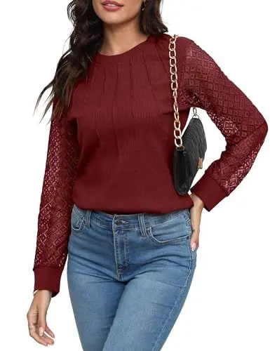 Produktbild: Supersun Shirt Damen Elegant Herbstliches Langarmshirt Waffelstoff mit Spitzendetails Oberteile Festliche Mode Winter Bluse Langarm Rundhals Tshirt Bordeaux Hübsches Top Weinrot L