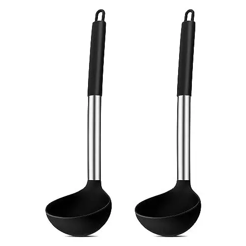 Produktbild: Suppenkelle, Joyfair 2-teiliges Silikon Schöpfkelle Set, Hitzebeständigkeit Schöpflöffel mit Griff aus Edelstahl, 30cm Groß Soßenlöffel zum Kochen/Rühren/Servieren, Gesund & Antihaft - Schwarz