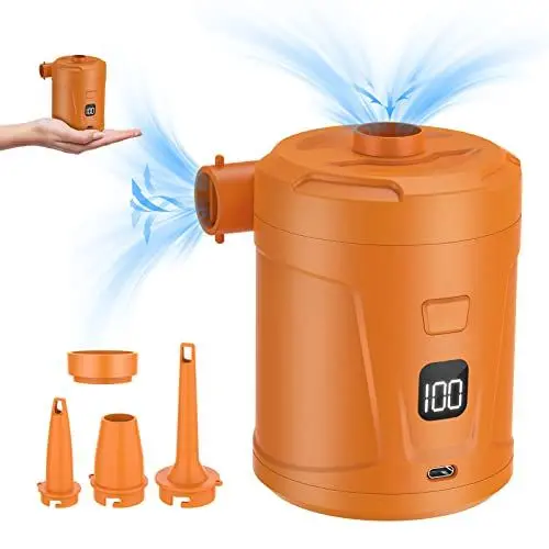 Produktbild: SUPPOU Elektrische Luftpumpe für Luftmatratze,5200mAh Wiederaufladbare Akku Luftpumpe,Tragbare Pumpe zum Aufblasen und Absaugen,4 Luftdüsen, für Schwimmring,Luftbetten,Schlauchboot (Orange), (HW-QB)
