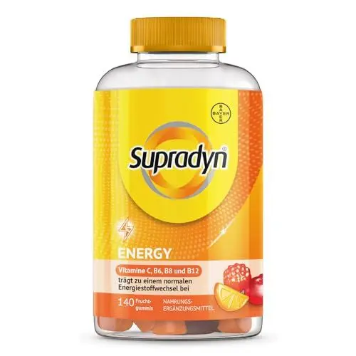 Produktbild: Supradyn Energy Vitamin Gummibärchen - mit Vitamin C, D, E, B6, B12, A, Q10 & Biotin angereicherte Multivitamin Gummies mit Kirsch-, Himbeer- und Orangengeschmack - 140 Stück
