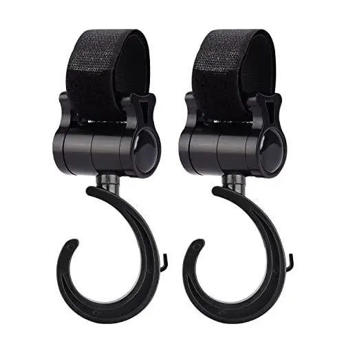 Produktbild: supregear Kinderwagen Haken, 2er-Pack Mehrzweck Kinderwagen Aufhänger Halter Kinderwagen Assistent Zubehör für Wickeltasche Kleidung Lebensmittel Kinderwagen Veranstalter in Schwarz