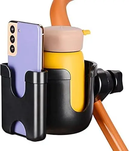 Produktbild: supregear Universal Getränkehalter und Handyhalter, 360 Grad Drehung, 2-in-1 Eltern Becherhalter Wasserflaschenhalter Handyhalter für Kinderwagen Walker Fahrrad, Schwarz und Werkzeugfrei