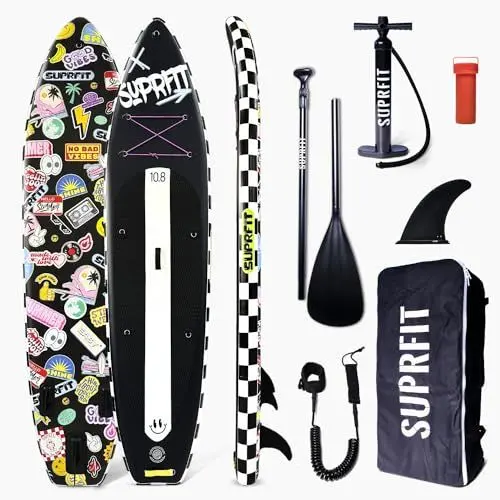 Produktbild: Suprfit Stand-Up Paddling Board Funny Stickers – Black | All in One Set: SUP Board, Hochwertiger Rucksack, Teleskop Paddel, Double-Action Luftpumpe, Leash, Slide-In Finnen Set, Reparatur Set