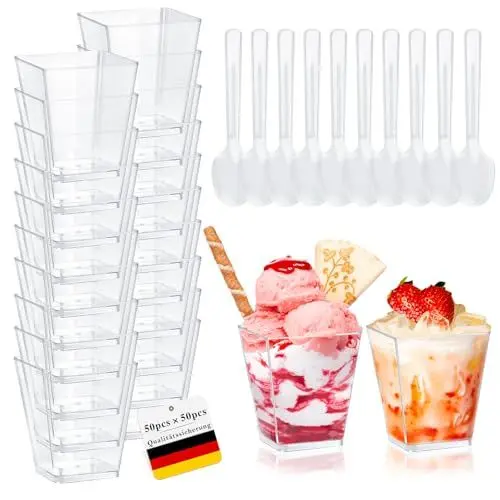 Produktbild: SupRovare Pack of 50 Dessert Cups with 50 Spoons, 5 oz / 160 ml Clear Dessert Bowls, Reusable Square Dessert Cups, Dessert Glasses Plastic, for Home, Desserts, Pudding, Mousse, Ice Cream Party