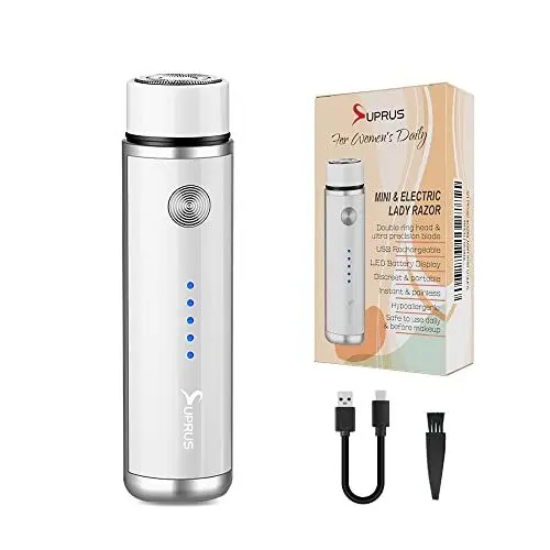 Produktbild: SUPRUS Frauen USB wiederaufladbarer Elektrorasierer für Gesicht Bart Schnurrbart Arm Bein Achselhöhle Bikini LED Batterieanzeige Kabellos (Weiß)