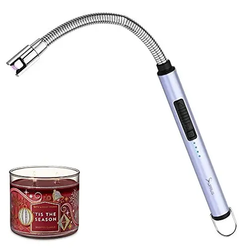 Produktbild: SUPRUS Kerzenanzünder, wiederaufladbar, elektrisches Lichtbogen-Feuerzeug, dreifaches Sicherheitsfeuerzeug, Edelstahlgehäuse & Aufhängehaken mit 360° flexiblem Hals (blau)