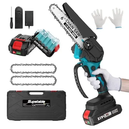 Produktbild: Supstable Mini Kettensäge mit Akku, 6-Zoll-Handkettensäge mit 2 x 2.0 Ah Akkus und Ladegerät, 2 Ketten, Einhand-Kettensäge elektrisch für Gartenbäume, Astschere und Holzschneiden