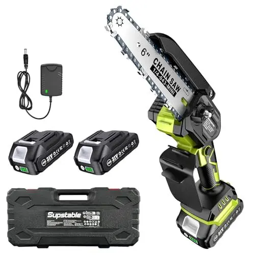 Produktbild: Supstable Mini Kettensäge mit Akku, 6-Zoll-Handkettensäge mit 2 x 2.0 Ah Akkus und Ladegerät, Einhand Astsäge elektrisch für Gartenbäume, Astschere und Holzschneiden