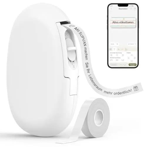 Produktbild: SUPVAN E10 Etikettendrucker mit wasserdichte Etiketten selbstklebend (15 mm x 6 m), tragbares Etikettiergerät Bluetooth geeignet für das Home-School-Büro, weiß
