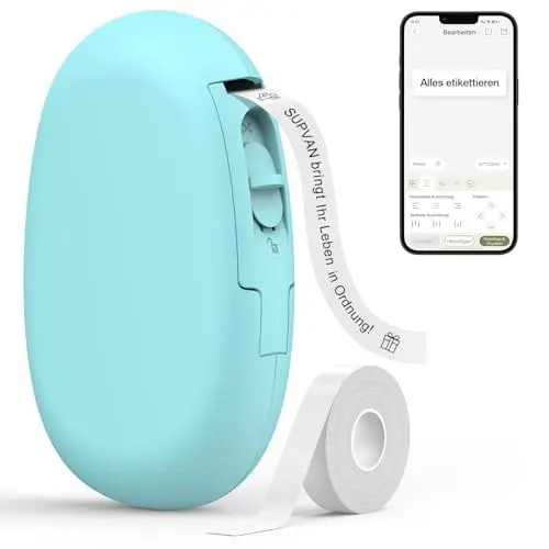 Produktbild: SUPVAN E10 Etikettendrucker mit wasserdichte Etiketten selbstklebend (15 mm x 6 m), tragbares Etikettiergerät Bluetooth geeignet für das Home-School-Büro, azurblau