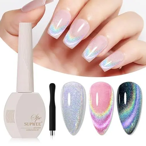 Produktbild: SUPWEE Cat Eye UV Gel Nagellack, 15ml Holographic Regenbogen Cat Magnet nagellack Universal Rainbow Magnetisch Gellack Katzenmagnet-Gel mit Magnetstift