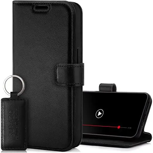 Produktbild: SURAZO Premium Handyhülle für Samsung Galaxy A24 Hülle Leder – Klappbare Echtleder Schutzhülle (Magnet, Kartenfach, RFID Schutz, Standfunktion) Klapphülle Wallet Case Cover Lederhülle (Schwarz)