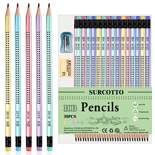 Produktbild: Surcotto Bleistifte HB, 30 Stk HB Bleistifte mit Radiergummi und Spitzer, vorgespitzte Dreiecksstifte zum Schreiben, Zeichnen von Kindern in der Schule und zu Hause, Neue Verpakung