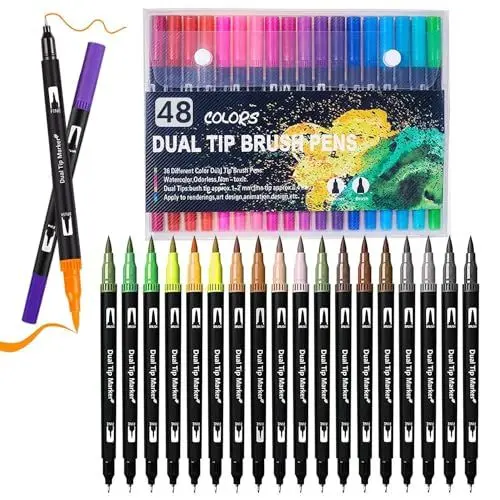 Produktbild: Surcotto Dual Brush Pen Set, 48 Farben Filzstifte, Tinte auf Wasserbasis Doppel Malstifte Für Aquarell Bullet Journal Handlettering Kalligraphie Manga, Fasermaler(1-2 mm) und Fineliner(0,4 mm)