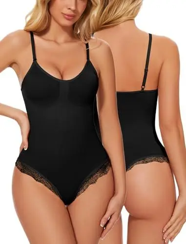Produktbild: SURE YOU LIKE Shapewear Damen Body Figurformender Body Shaper String Shaping Bodysuit Tanga Leotard, Schwarz, S
