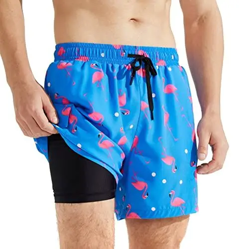 Produktbild: SURFEASY Badehose Herren Lang 2 in 1 Badeshorts Schnelltrocknend Schwimmhose Strandhose(Flamingo,XL)