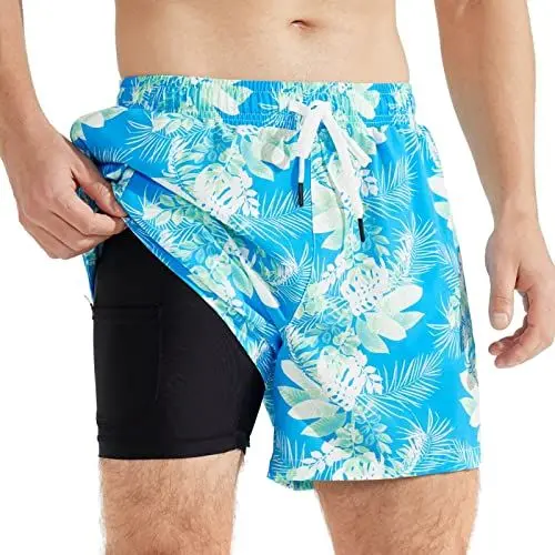 Produktbild: SURFEASY Badehose Herren Lang 2 in 1 Badeshorts Schnelltrocknend Strandhose mit Integrierter Badehose(Blaues Blatt,L)
